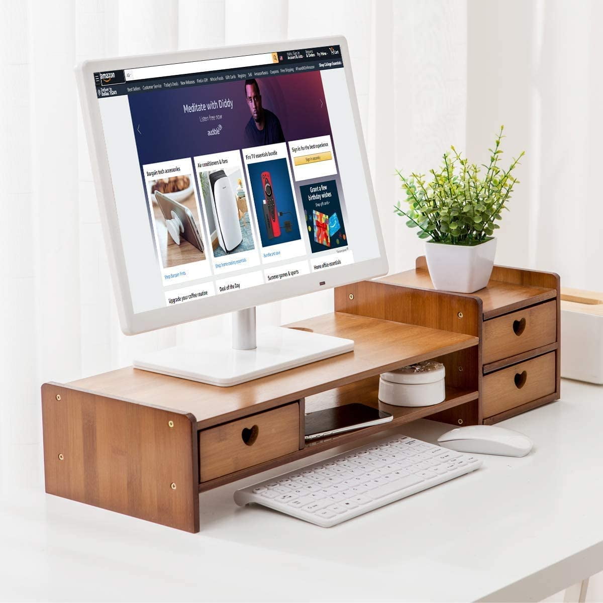 Computer Monitor Stand with Storage Drawer – Desktop Organizer Riser