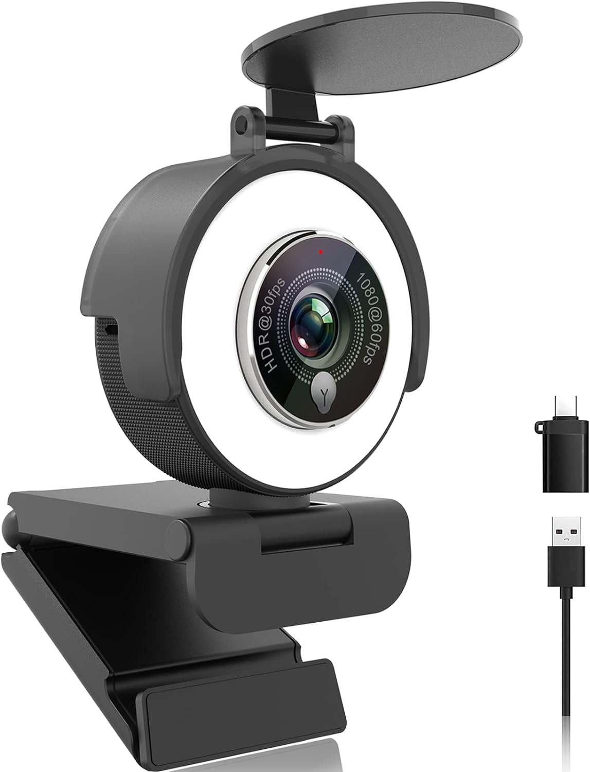 1080P 60FPS Webcam with Microphone, RGB Light, Autofocus for Laptop/Desktop on Windows/Mac
