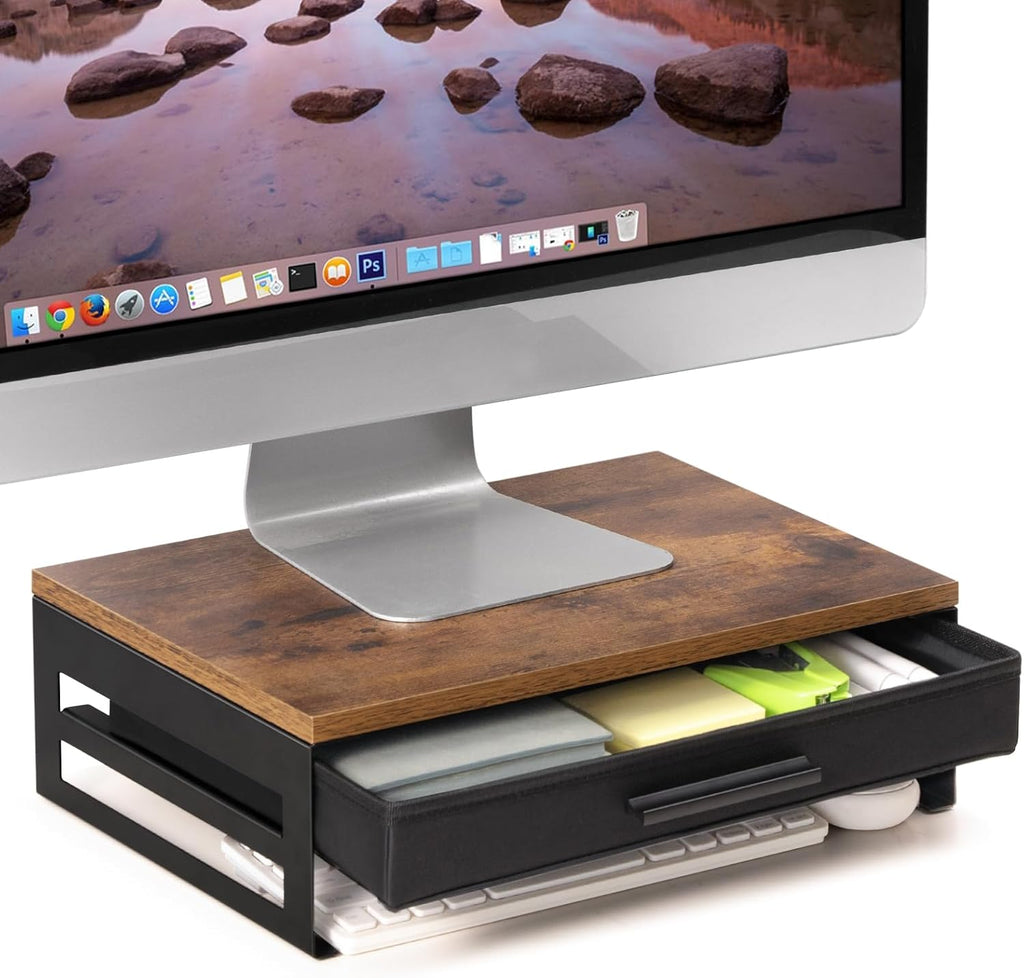 Computer Monitor Stand with Storage Drawer – Desktop Organizer Riser