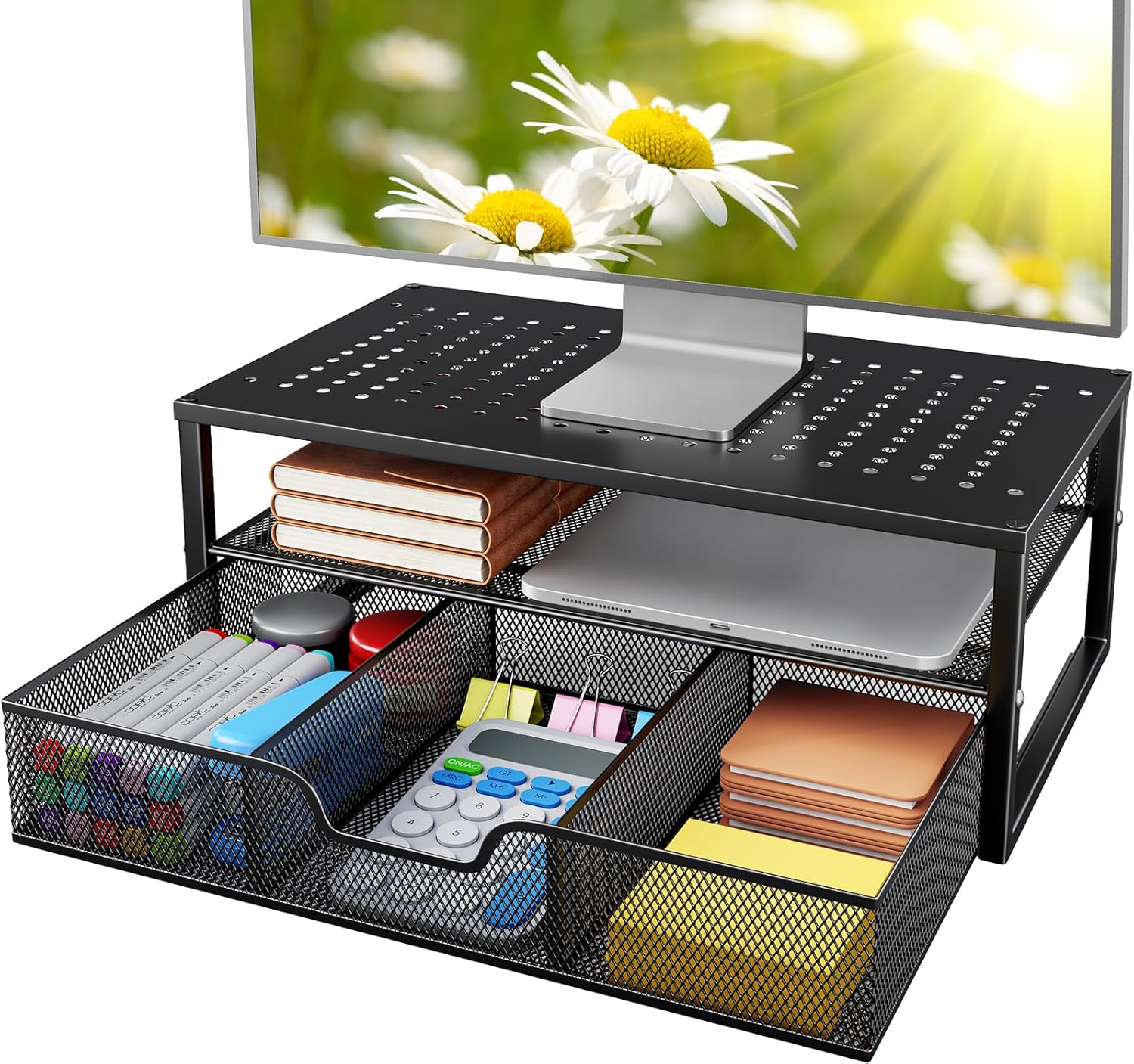 Computer Monitor Stand with Storage Drawer – Desktop Organizer Riser