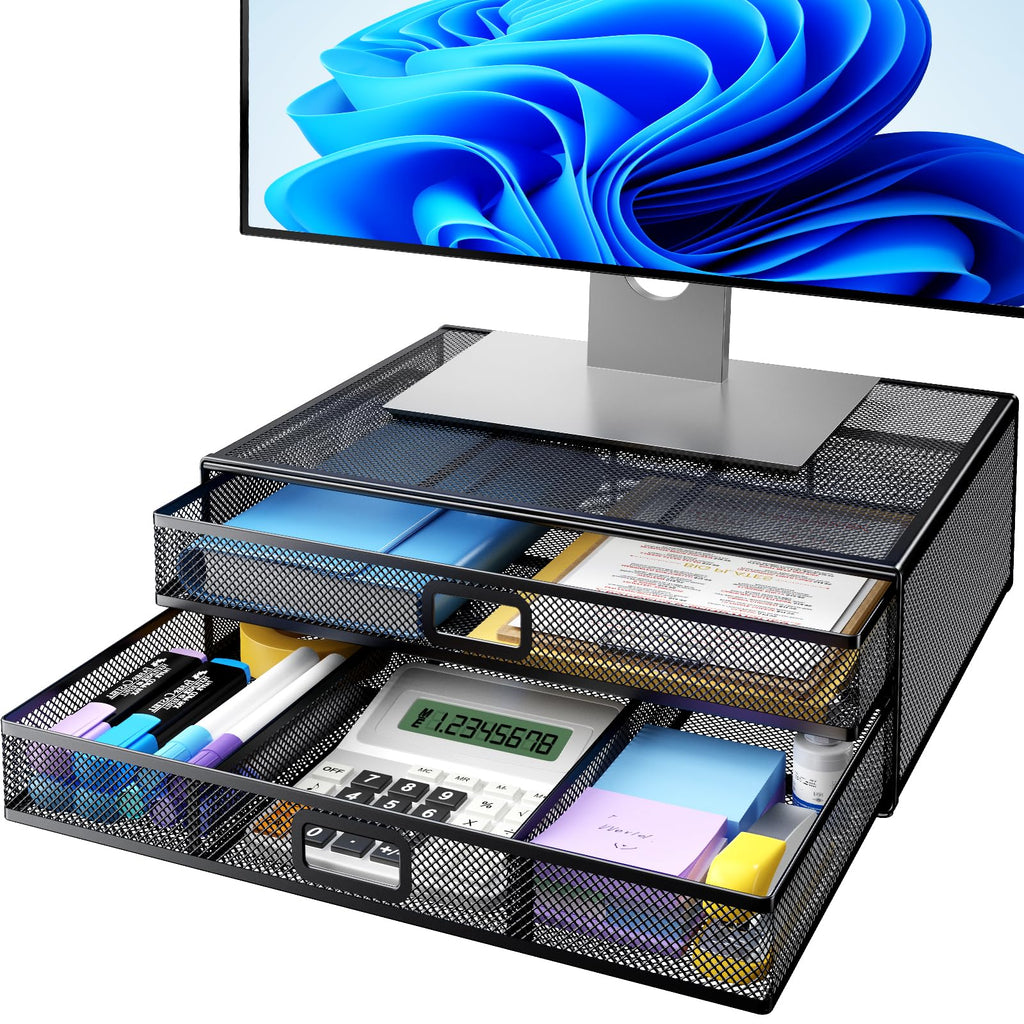 Computer Monitor Stand with Storage Drawer – Desktop Organizer Riser