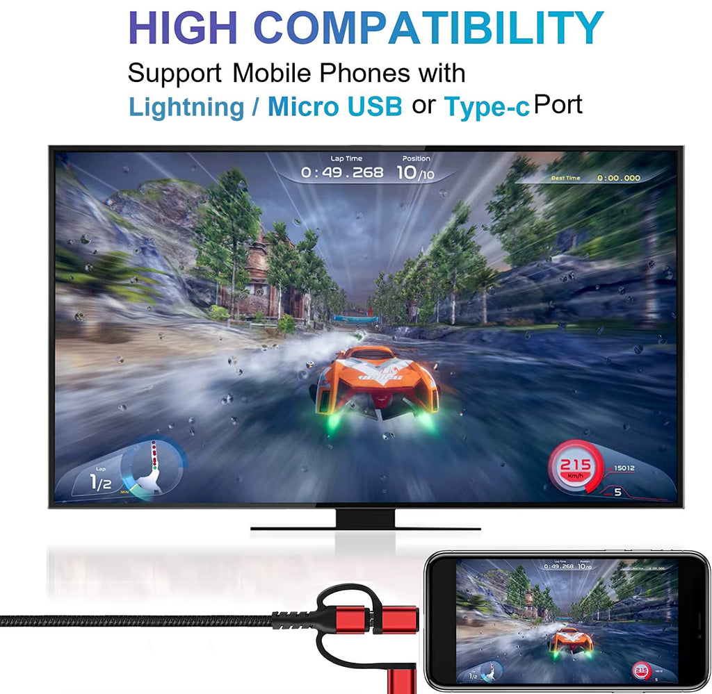 6.6ft 3-in-1 Phone to TV HDMI Cable (Lightning / Type-C / Micro USB)
