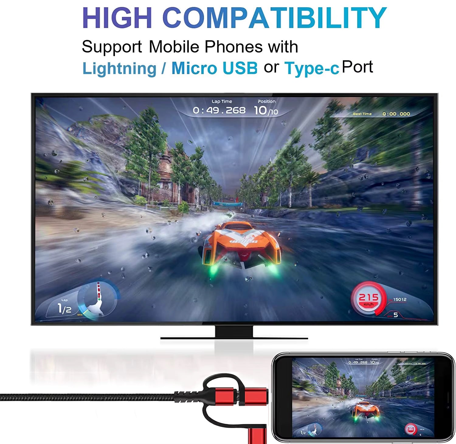 6.6ft 3-in-1 Phone to TV HDMI Cable (Lightning / Type-C / Micro USB)