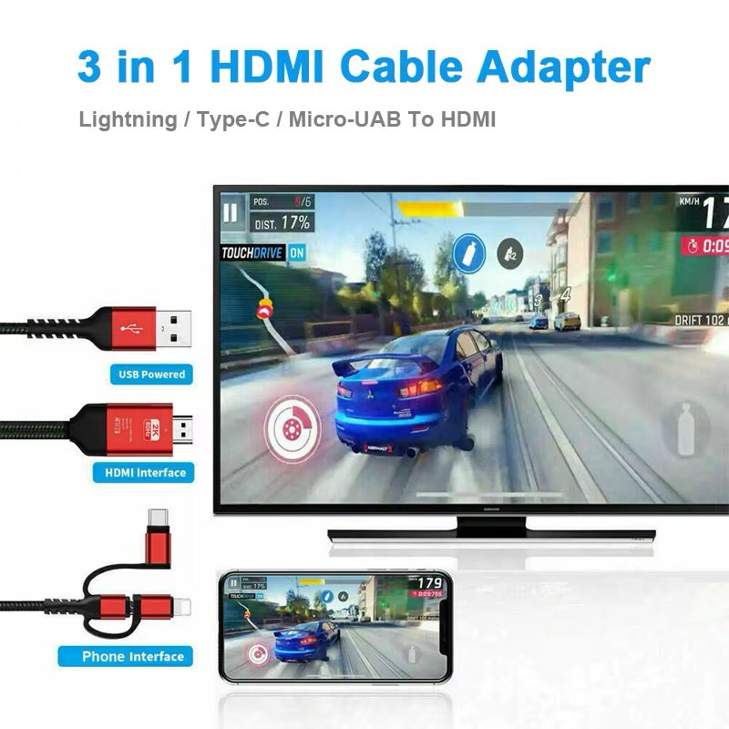 6.6ft 3-in-1 Phone to TV HDMI Cable (Lightning / Type-C / Micro USB)