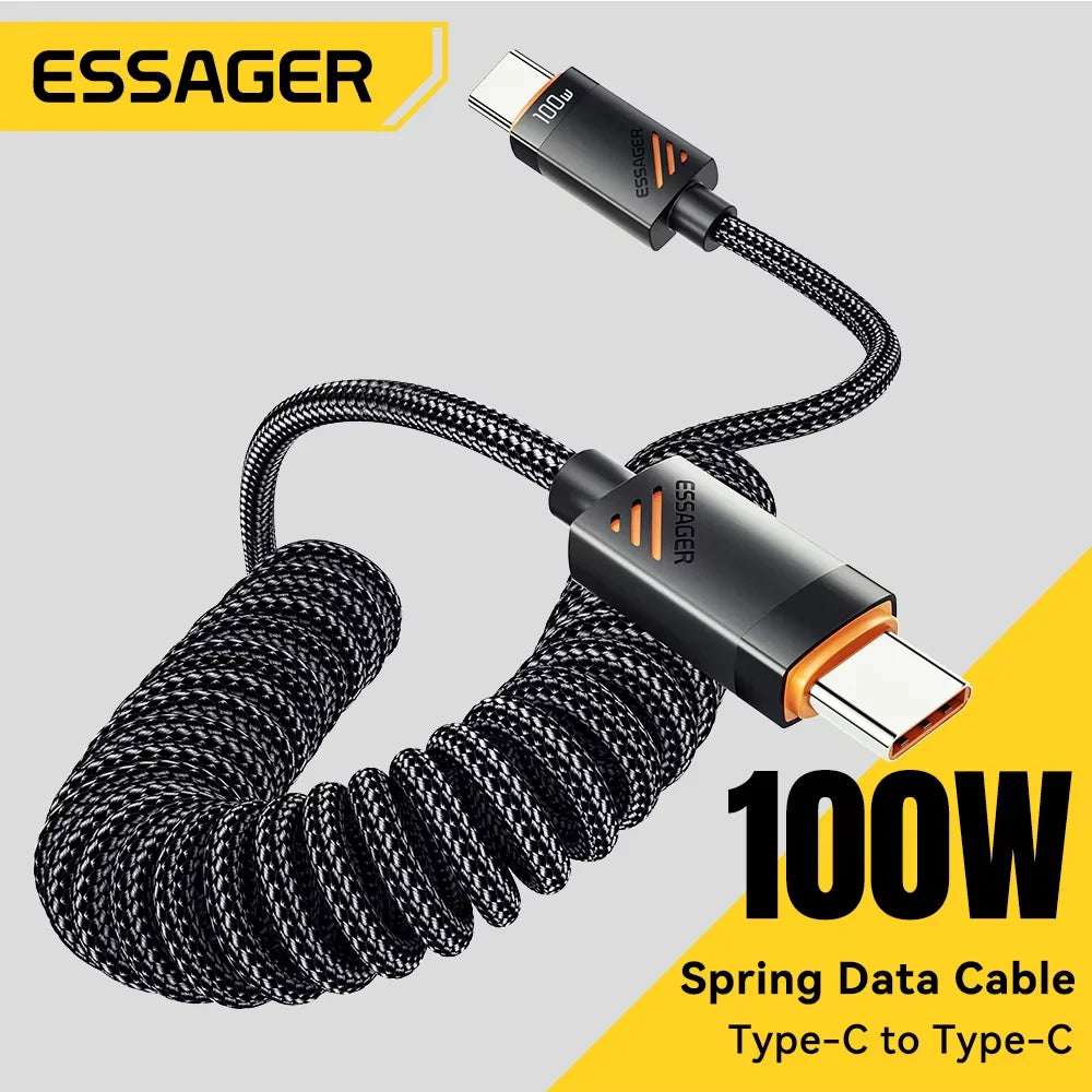 100W PD Fast Charging USB-C Cable Spring Coiled